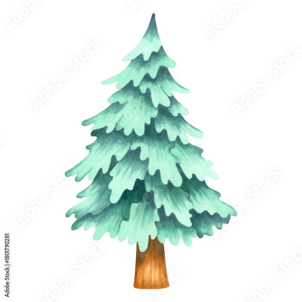 Fototapeta Turquoise stylized Christmas tree. Watercolor and marker illustration. Hand drawn isolated art. Coniferous tree for cards, packaging decor and holiday projects. Happy New Year 2026