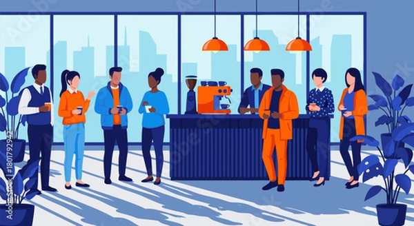 Obraz A diverse group of colleagues enjoying a coffee break in a modern office breakroom, fostering a collaborative and friendly work environment