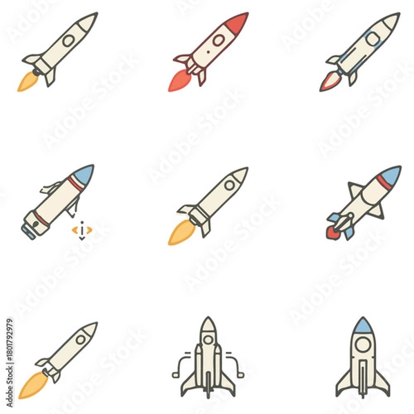 Fototapeta Missile launch icon set, modern missile set, missile weapon icon