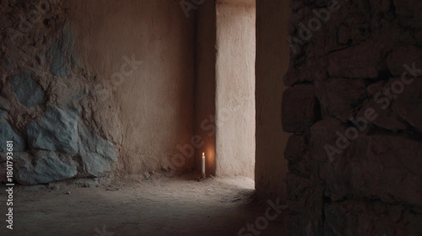 Fototapeta small candle flickers softly against ancient wall casting warm inviting glow