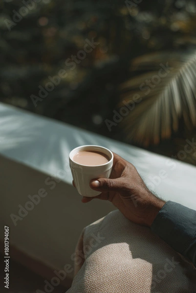 Fototapeta peaceful morning breath exercise on balcony embracing tranquility of dawn