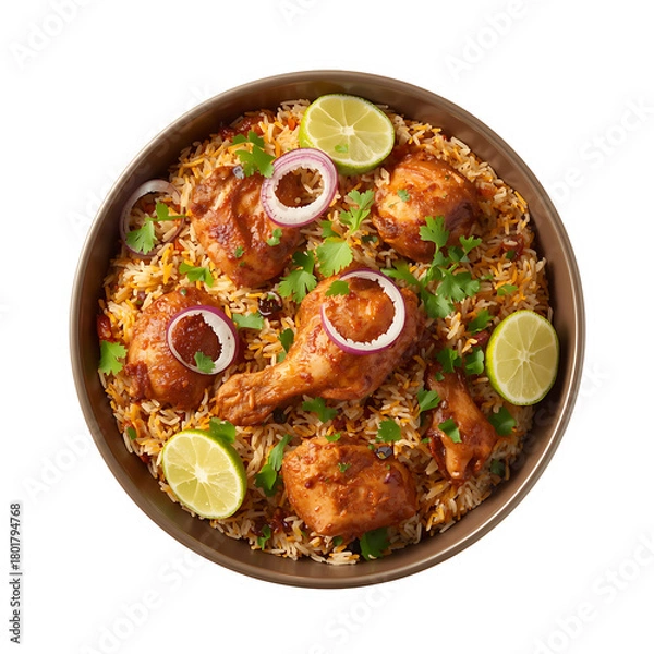 Fototapeta Delicious chicken biryani recipe indian food with rice and spices top view photo on transparent background
