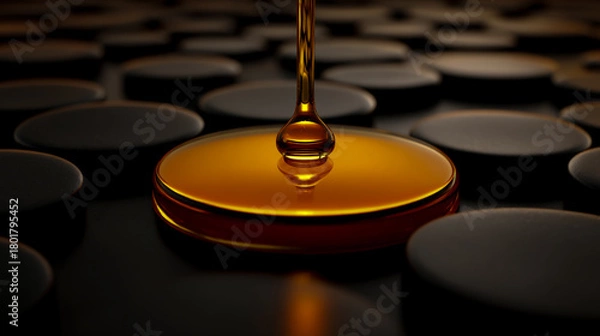 Obraz A drop of amber-colored oil is dripping down on black matte circles, a 3D rendering, high-resolution photography, high quality