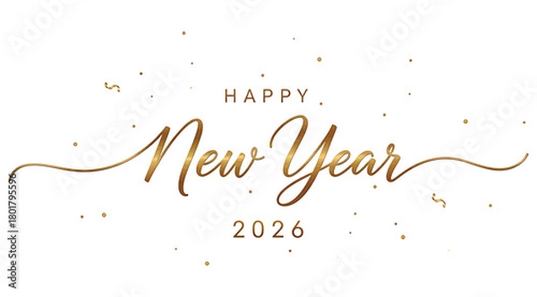 Fototapeta Elegant golden happy new year 2026 text with sparkling confetti, isolated on