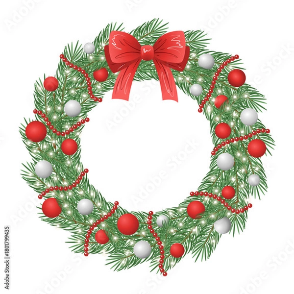 Fototapeta Christmas pine wreath with red bow and ornaments. Vector illustration
