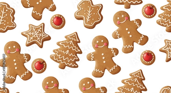 Fototapeta Gingerbread cookies seamless pattern isolated on white background for christmas