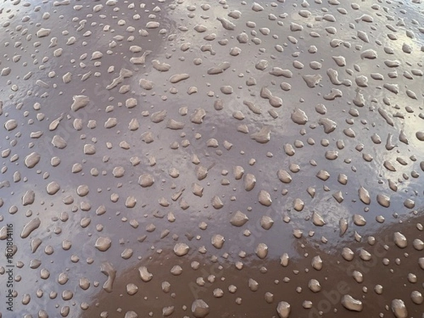 Fototapeta The glossy brown surface is covered with numerous water drops, creating a dynamic and material visual effect.