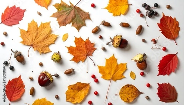 Fototapeta Autumnal Still Life - Colorful Leaves, Berries, and Acorns on White.