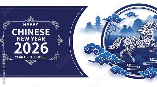 Fototapeta Horse New Year 2026 Celebration with Cartoon Horses, Lanterns, Clouds, and Festive Red Background – Chinese Zodiac Inspired Lunar New Year Greeting Design for Posters, Cards, and Digital Graphics