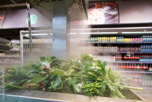 Obraz Irrigating a counter with fresh herbs using water mist.
