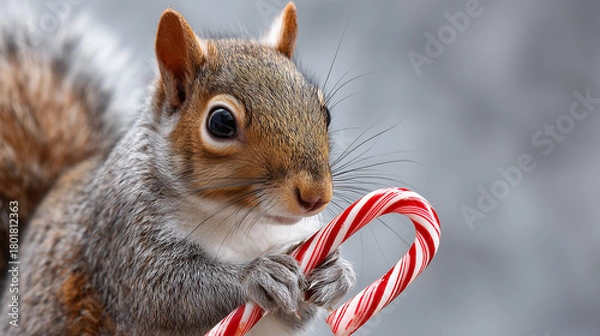 Fototapeta Squirrel holding a candy cane with a playful expression indoors  