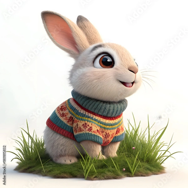 Obraz Adorable fluffy rabbit wearing sweater sitting in grass, perfect for Easter promotions, spring campaigns, or children's content with a touch of whimsy