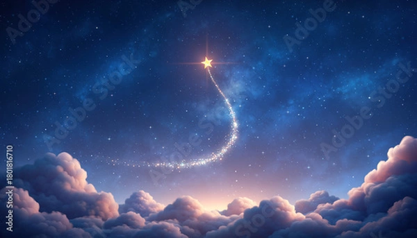 Fototapeta 星空の中をひとすじの光跡を描きながら流れる小さな流れ星。ふんわりした雲と優しい夜明けの光が、メルヘンチックでロマンティックな空の風景を彩る幻想的なイラスト背景。