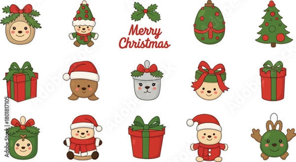 Fototapeta Collection of cute christmas characters and gifts isolated on white background