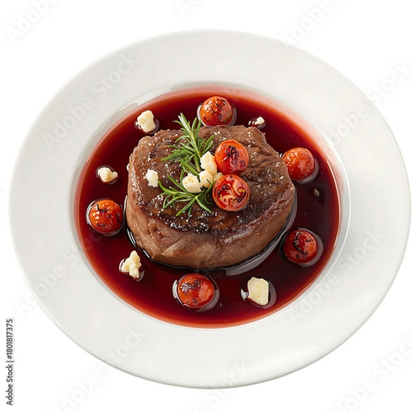 Fototapeta Delicious steak with cherry tomatoes rosemary and cheese in a red wine sauce dish on transparent background