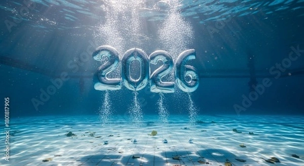 Fototapeta Silver balloon numbers 2026 float underwater in a swimming pool, with sunlight filtering through the water and bubbles rising, signifying a fresh start