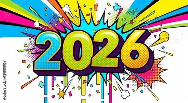 Obraz Bold, comicstyle text 2026 bursting with colorful rays and confetti, representing a vibrant and energetic start to the new year