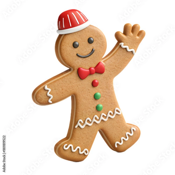 Obraz Festive gingerbread man smiles and waves hello, ready for holiday cheer, a fun, whimsical icon perfect for seasonal marketing campaigns