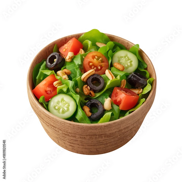 Fototapeta Fresh garden salad with tomatoes cucumbers olives and nuts in a wooden bowl view on transparent background