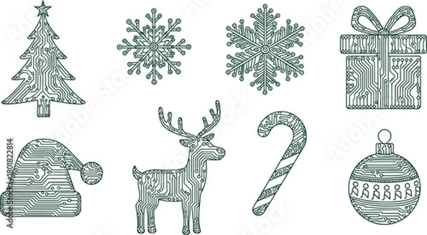 Fototapeta Christmas icons with circuit board pattern isolated on white background
