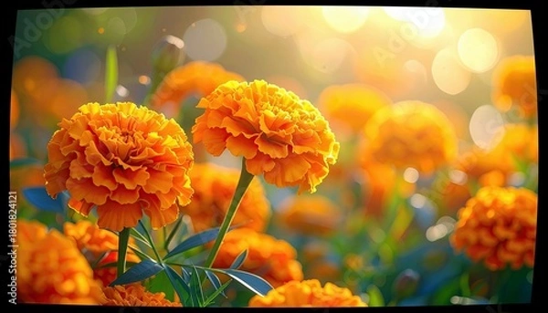 Obraz A field of bright orange marigolds bathed in warm sunlight, creating a beautiful bokeh effect.