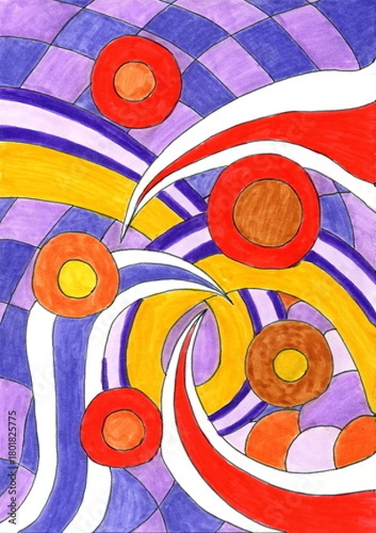 Obraz The illustration features a dynamic, psychedelic abstract image. The color palette is vibrant, contrasting, and saturated: purple, blue, bright yellow, orange, and red, with a touch of white.