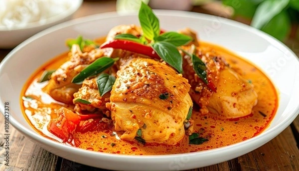 Obraz A close-up shot of a white bowl filled with a rich, orange-hued chicken curry, garnished with fresh basil leaves and red chili peppers.