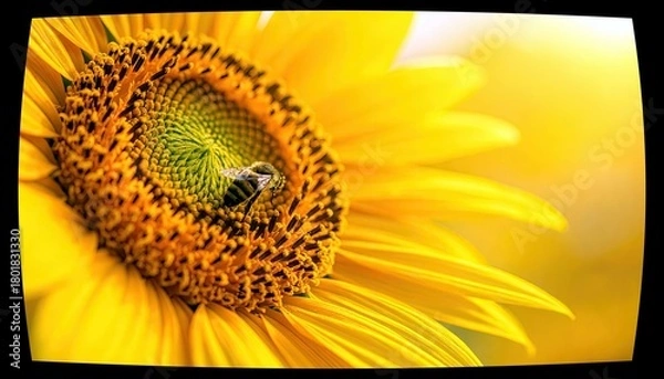 Fototapeta A bee is shown foraging for pollen on the center of a vibrant yellow sunflower, with soft, blurred yellow background.
