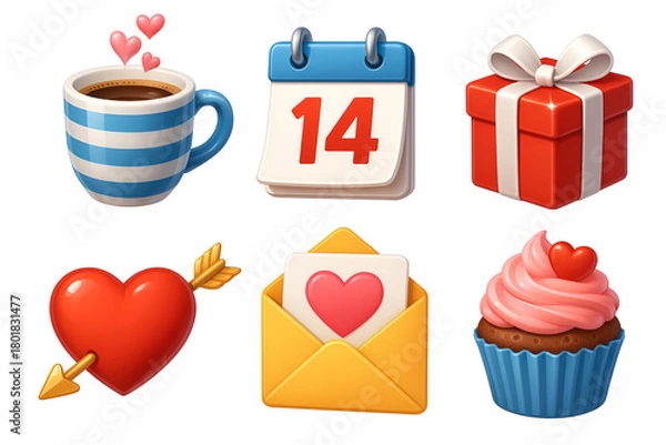 Obraz valentines day icon set collection heart coffee mug calendar gift box envelope arrow cupcake love romance flat design