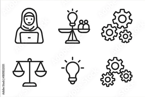 Obraz Conceptual symbols for business, law, and innovation including gears, scales, lightbulbs, and a professional woman