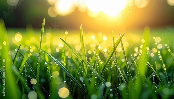 Fototapeta Dew drops on green grass blades catching the morning sun, creating a bokeh effect.