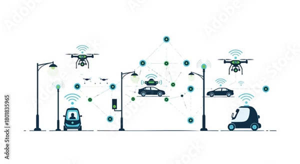 Fototapeta Smart city technology illustrating connected autonomous vehicles drones and infrastructure with wireless communication