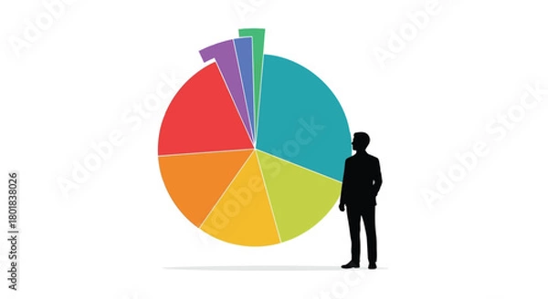 Fototapeta Silhouette of a man standing next to a large colorful pie chart representing data and statistics