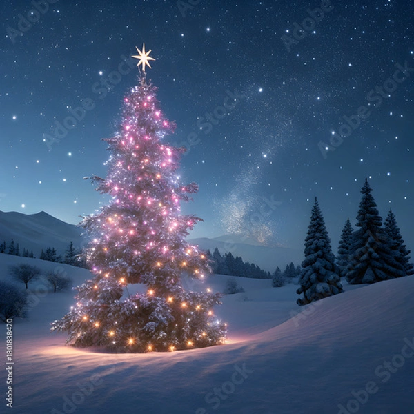 Obraz Stunning illuminated Christmas tree glows under starry night sky in serene snowy landscape, perfect for holiday joy and winter wonder