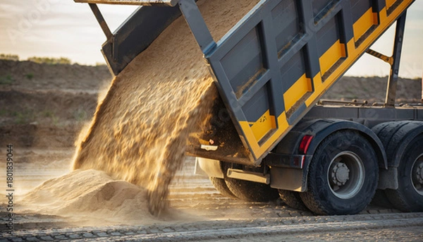 Obraz Dump truck unloading sand, creating stunning construction scene, ideal for infrastructure projects, showing power and efficiency in material delivery