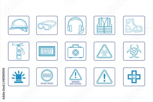Obraz A detailed collection of safety icons representing workplace protection, emergency procedures, and regulatory compliance.