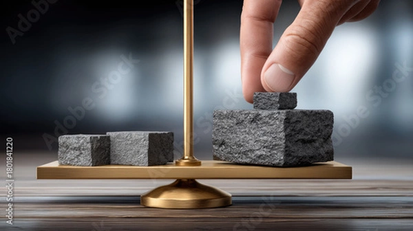 Fototapeta Balancing scale with hand placing stone weight, symbolizing corporate accountability, fairness, and ethical decision making