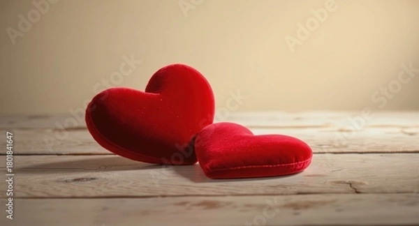 Fototapeta Red Plush Heart Cushions on Rustic Wooden Surface in Soft Lighting