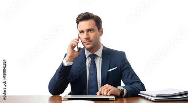 Fototapeta Man in suit at desk talking on phone with laptop and documents nearby on transparent background