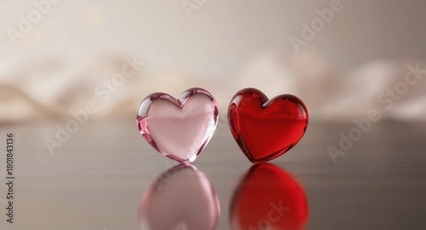 Fototapeta Pink and Red Glass Heart Sculptures on Reflective Surface with Soft Background