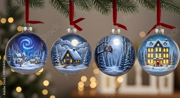 Obraz Four christmas ornaments with winter scenes hanging on a christmas tree branch