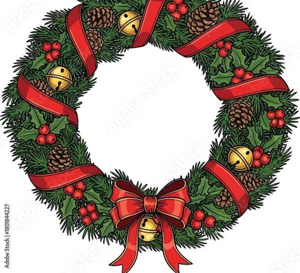 Fototapeta Christmas wreath with red ribbon, pine cones and golden bells isolated on white background