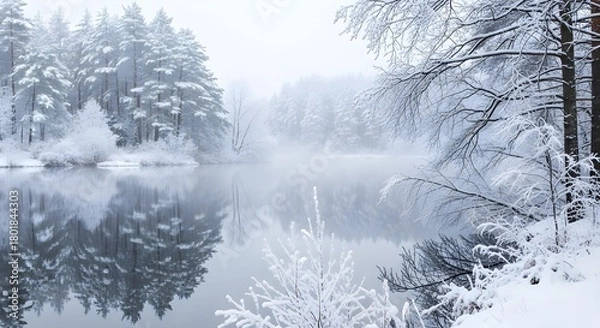 Fototapeta Winter landscape with lake and snow covered trees in the forest scenery