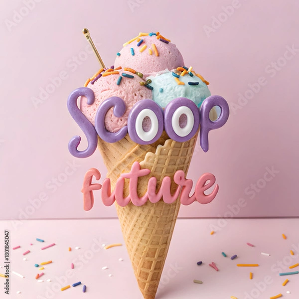 Obraz Sweet scoop of the future concept with colorful ice cream cone, sprinkles and 'scoop future' text on a pink backdrop
