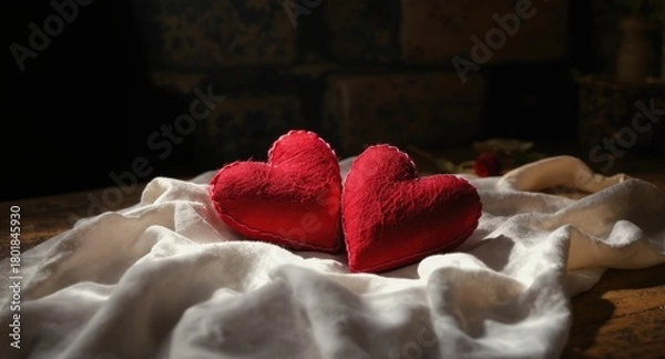 Fototapeta Red Plush Heart Pillows on White Satin Fabric in Romantic Setting