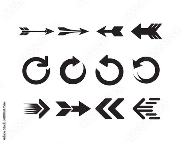 Fototapeta Modern Arrow Vector Set, Bold black Directional Icons for Navigation, Download & UI Design