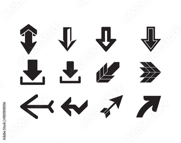 Obraz Modern Arrow Vector Set, Bold black Directional Icons for Navigation, Download & UI Design