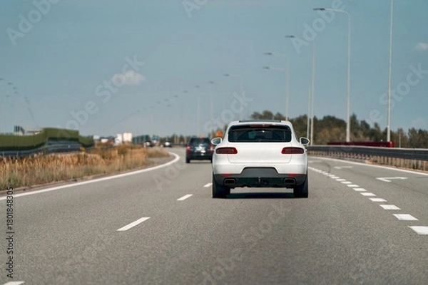 Fototapeta SUV driving on a straight empty road.