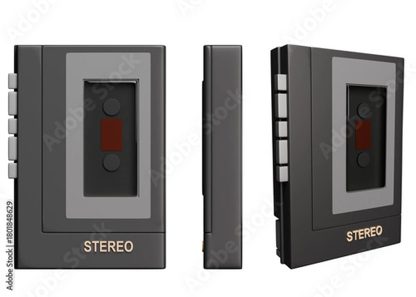 Obraz Classic black vintage portable cassette player on transparent background. front view, side view, angled view. 3d render