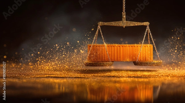 Obraz Glistening gold scale in balance with shipping container, symbolizing economic fairness and the importance of trade in a global market.